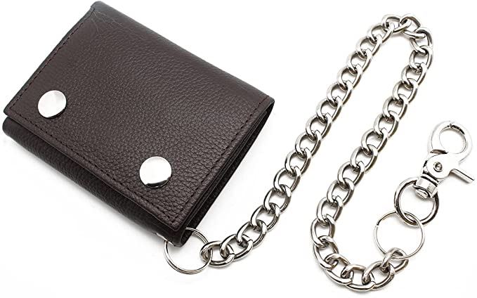 Distressed Natural Brown Leather Trifold Chain Wallet 