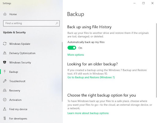 windows backup settings